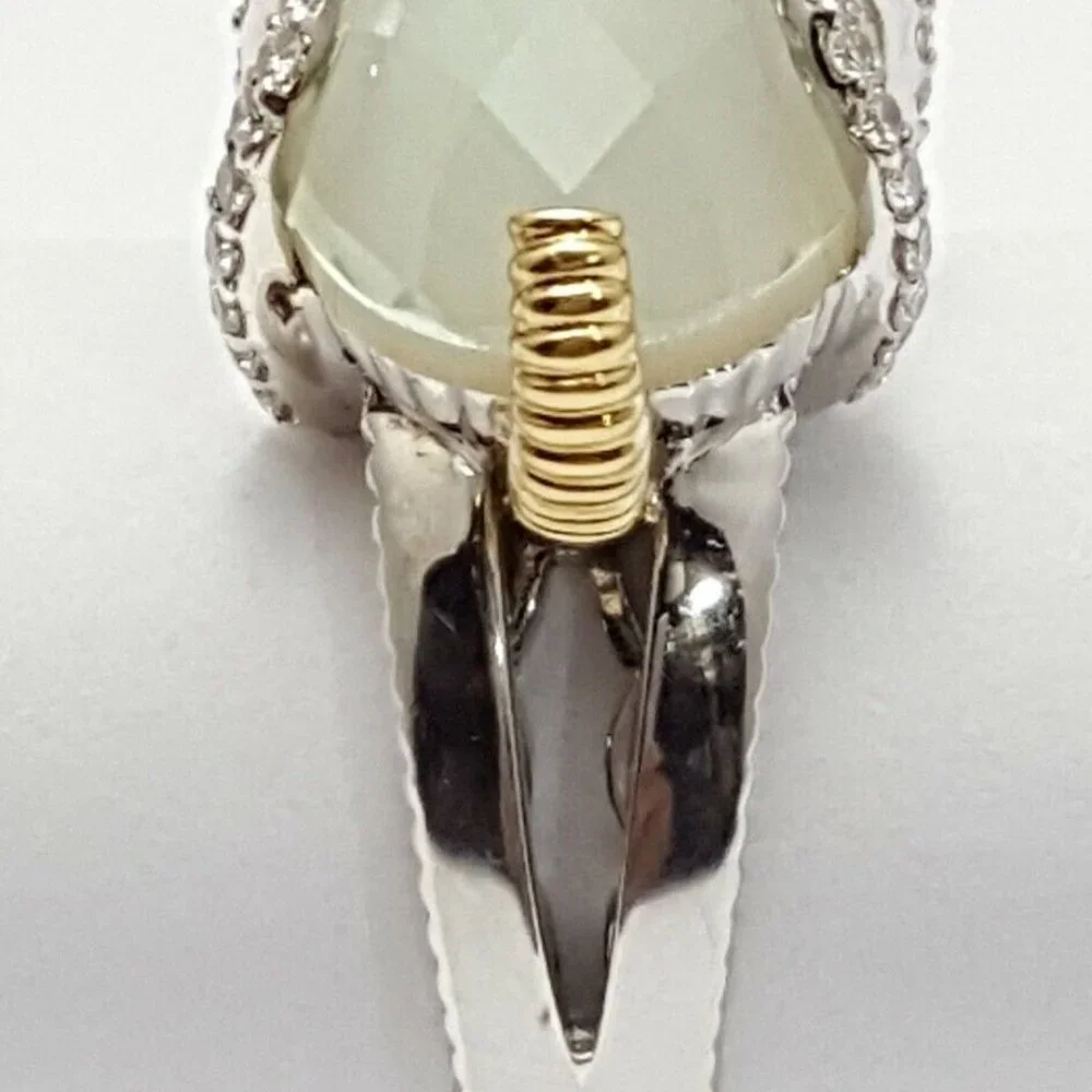 RB Signed Sterling Silver 925 18K Yellow Gold Two Tone Ring w/Diamonds & Crystal